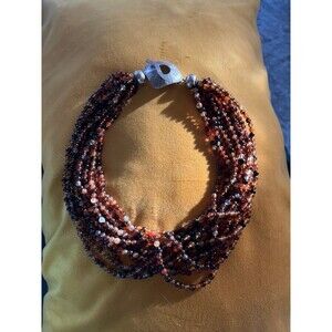 Gorgeous 12 Strand brown amber Bead Necklace Sterling Sliver Hand hammered clasp